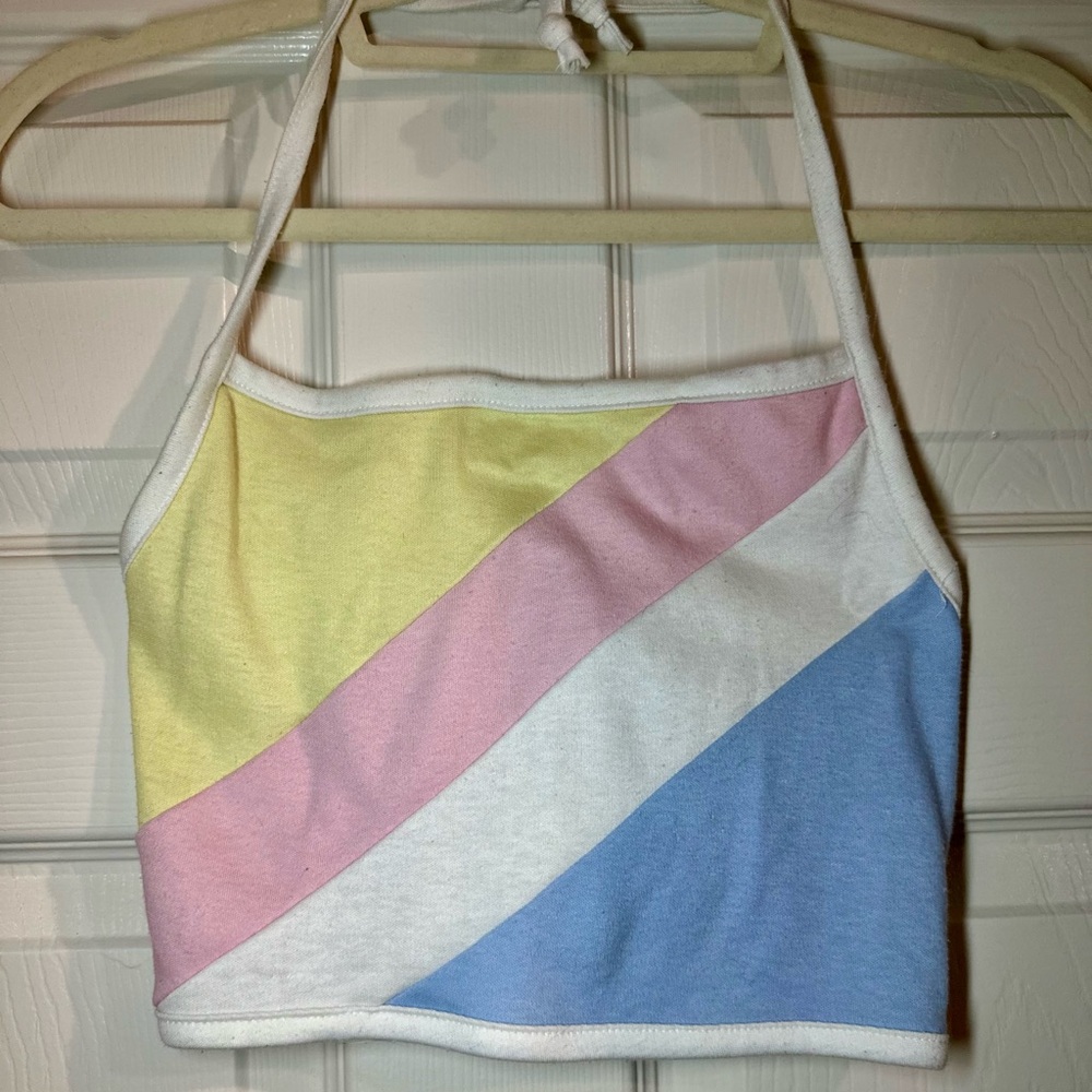 Authentic Vintage Pastel Rainbow Tri-Color Diagonal Stripe Cotton Halter Top